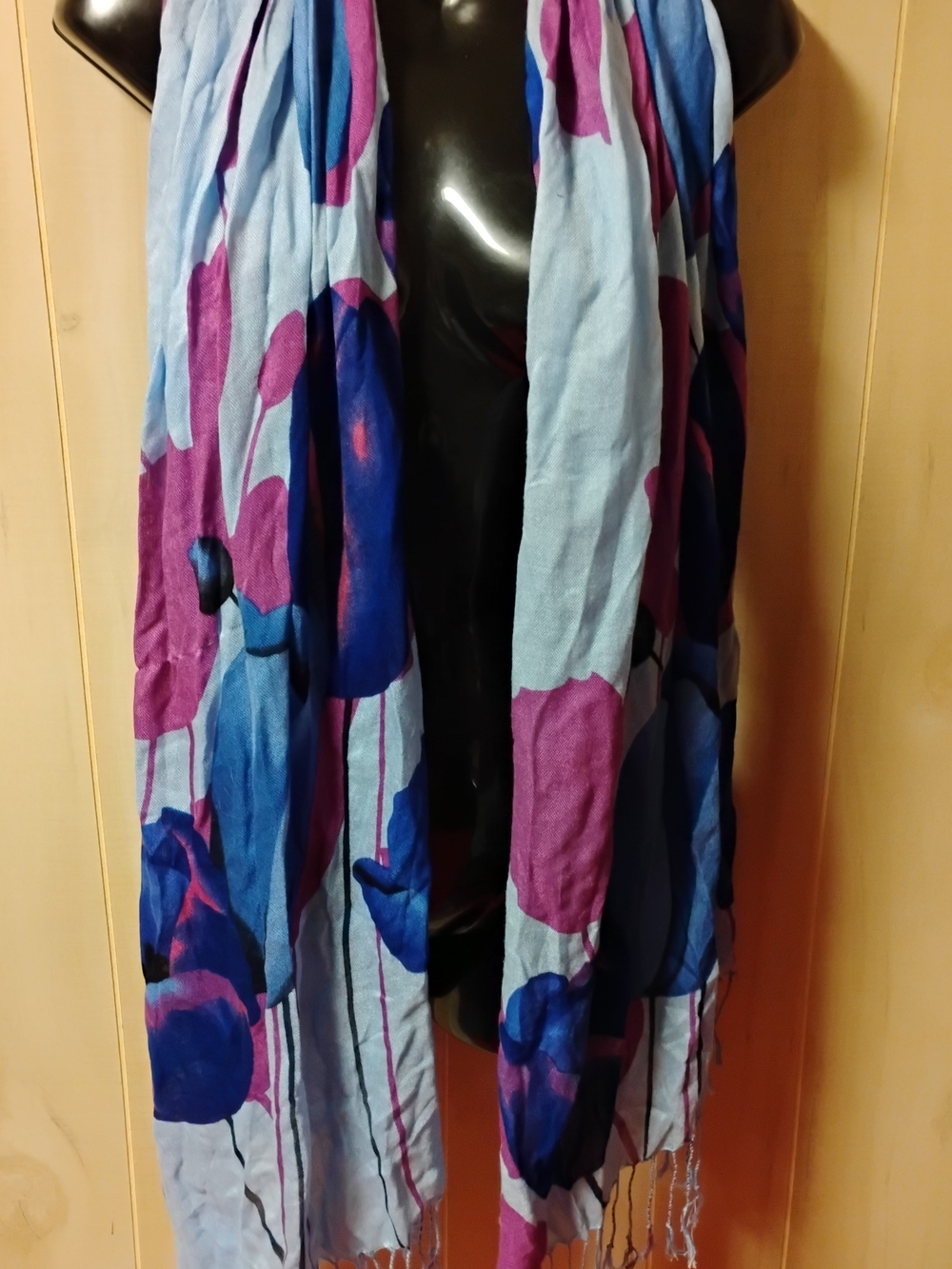 Light Blue Floral Wrap Scarf with Purple and Navy Blooms